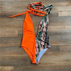 Stylish Orange and Patterned Women's One Piece Swimsuit Size 1XL Bodycon, Sexy